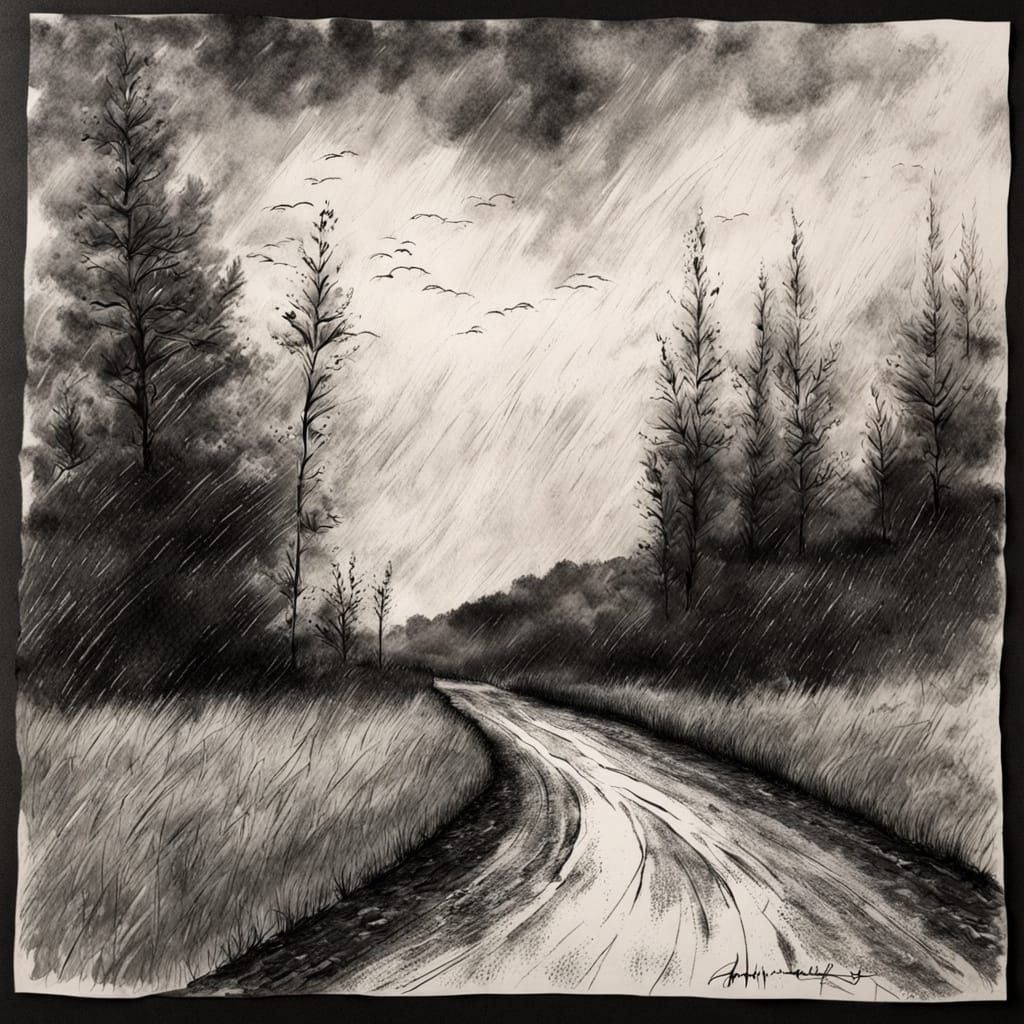 Misty Rural Road Landscape in Charcoal and Ink