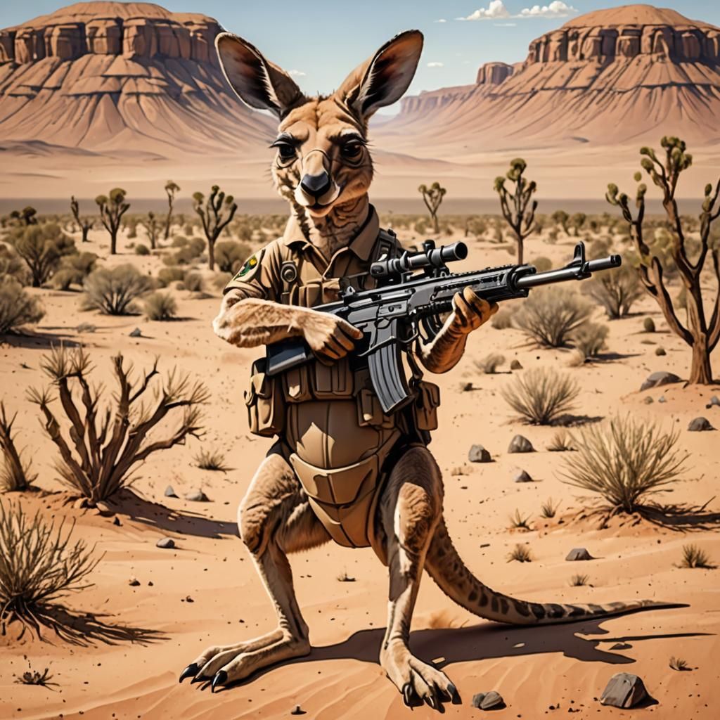 Cartoon Kangaroo with Machine Gun in Desert