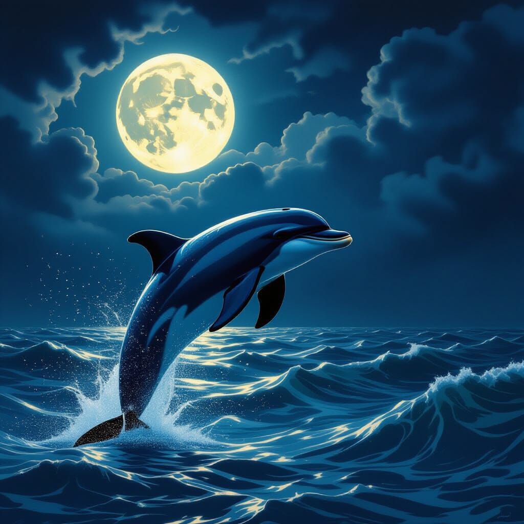 Dolphin and Drone in Baroque Style Under Moonlit Sea