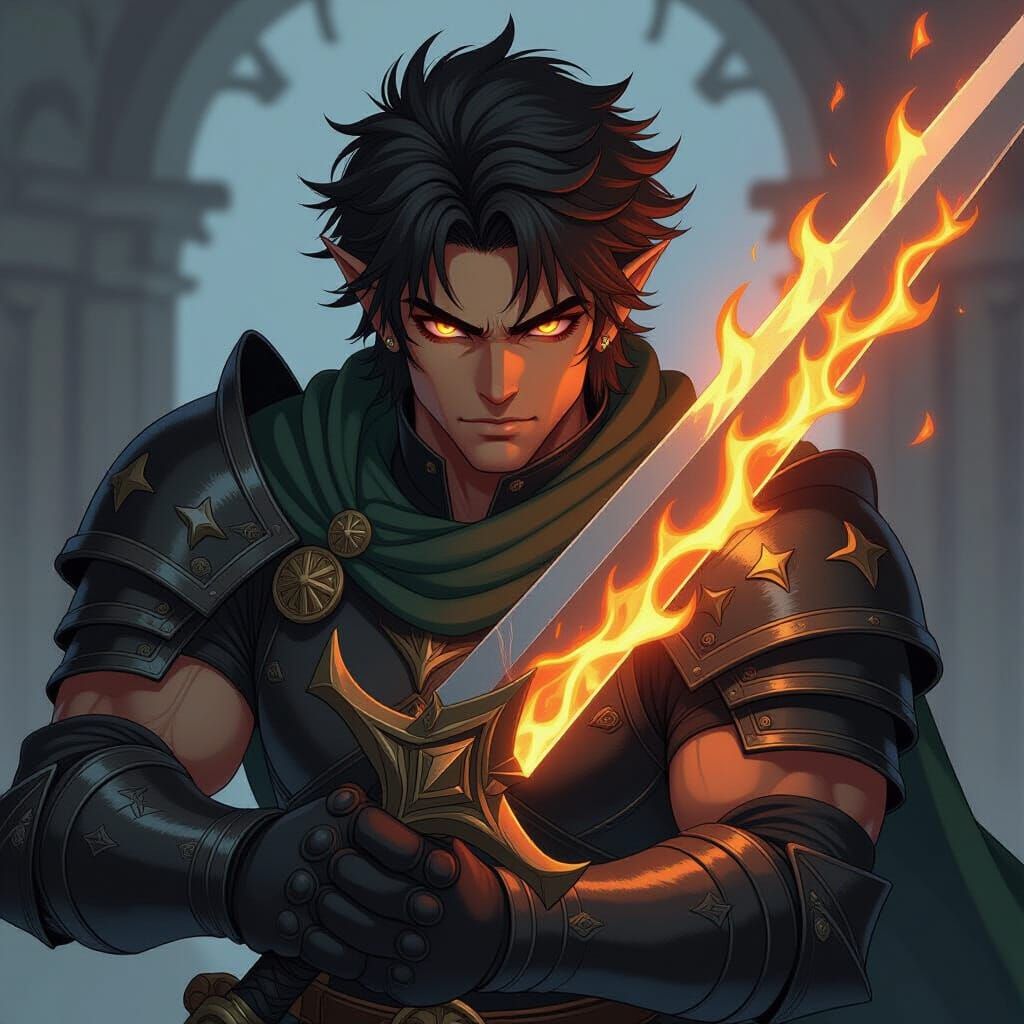 Male Tiefling Warrior with Emerald Flame Sword