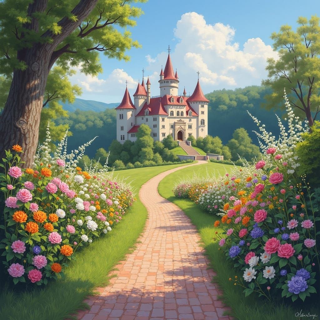 Impressionistic Castle in Floral Landscape