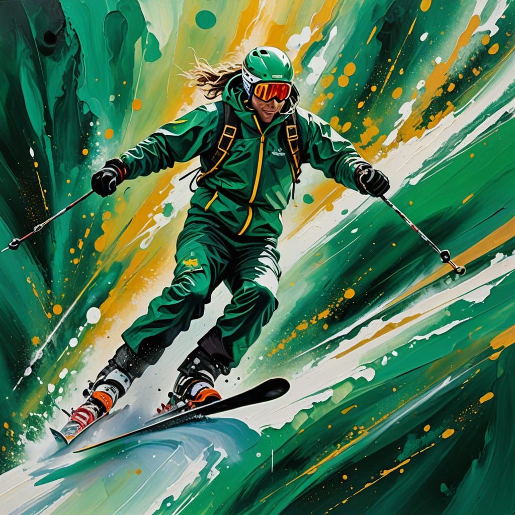 Skier Soars Above Emerald Vortex: Abstract Expressionism