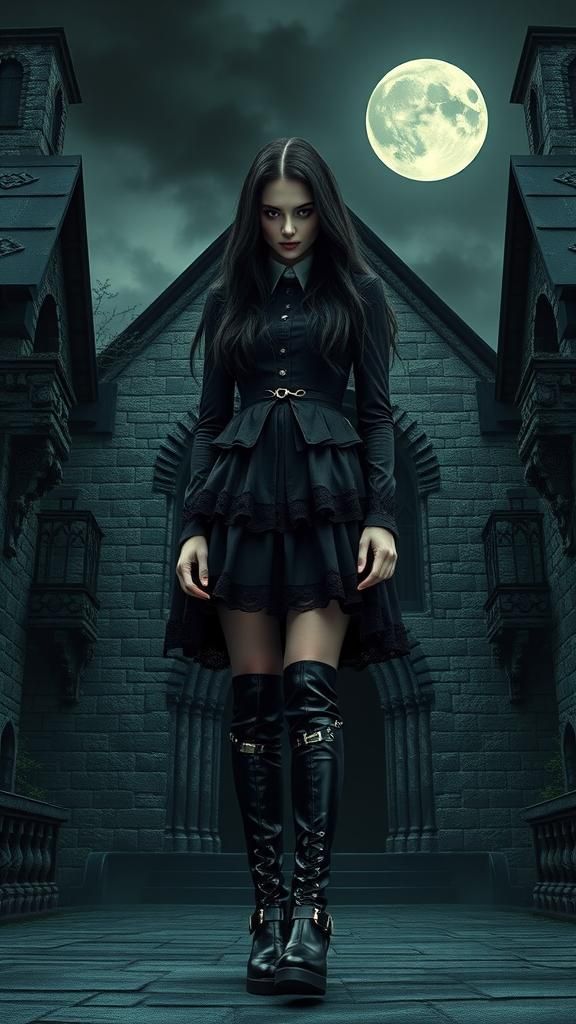 Gothic Schoolgirl in Shadow of Ancient Church