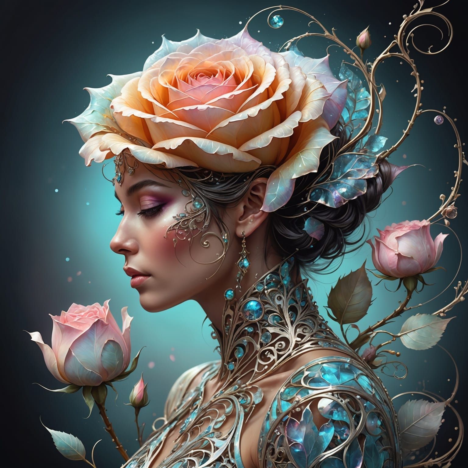 Filigree Fractal Rosebud in Pastel Ink