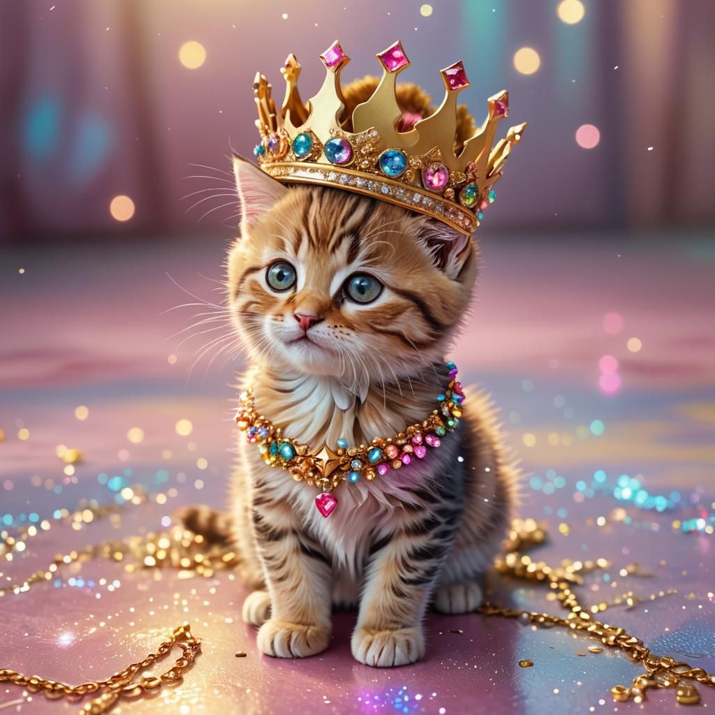 Pink Kitten with Crown in 3D Digital Art