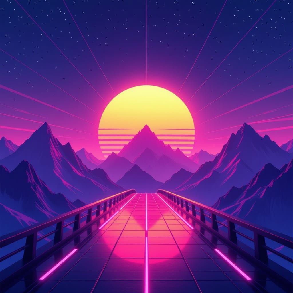 Synthwave Sun Over Mountains with Bridge