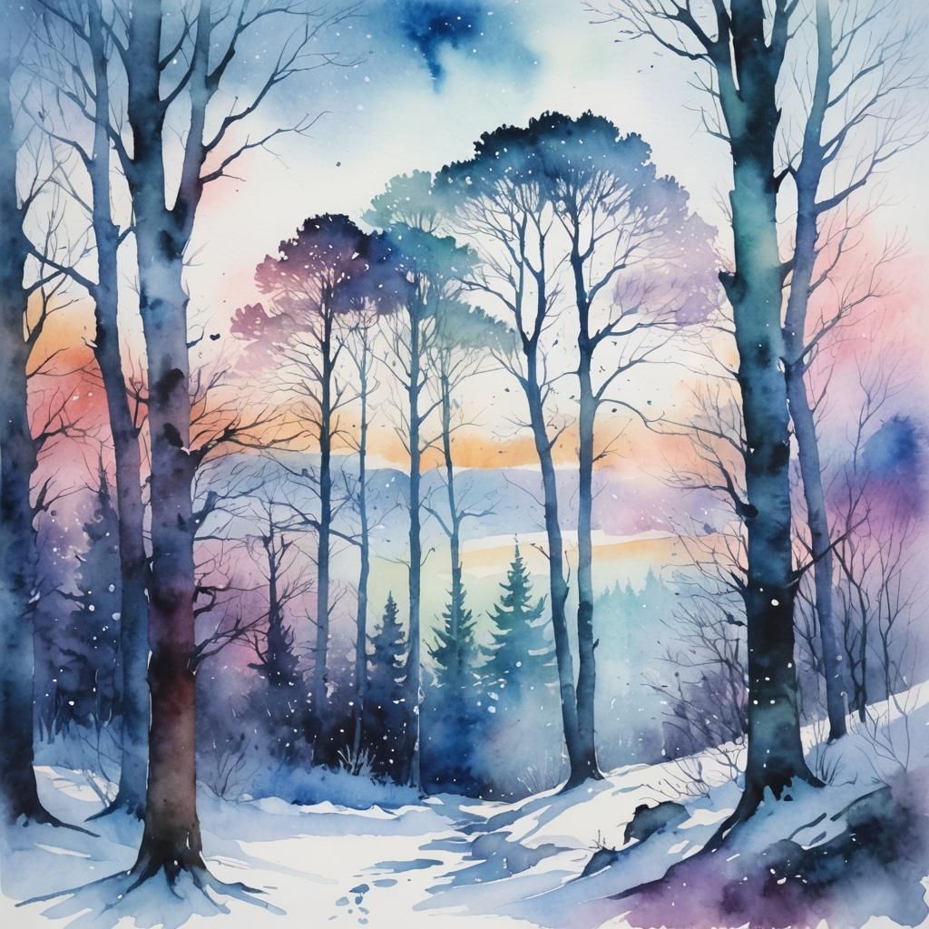 Wintery Snow Scene with Northern Lights in Watercolor