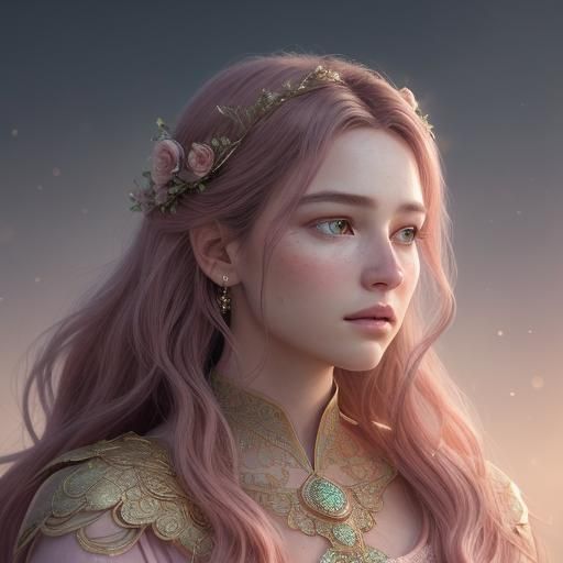 Ethereal Woman in Rose Gold Dress: Fantasy Art