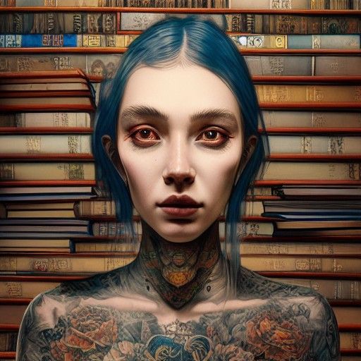 Hipster Woman Surrounded by Books in Golden Light