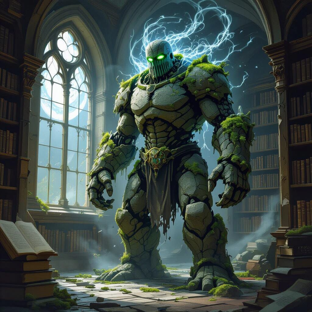 Majestic Stone Golem Guards Forgotten Victorian Library