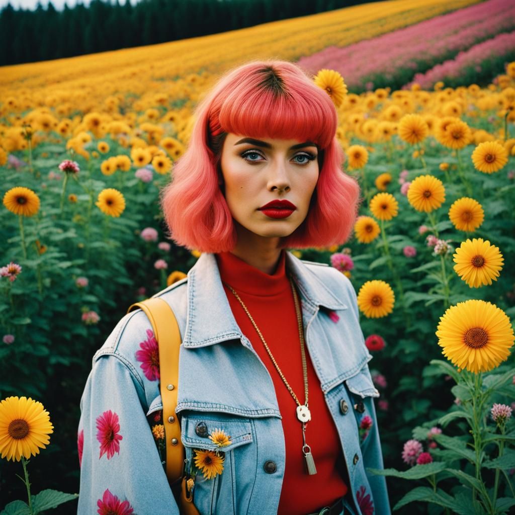 Woman in Flower Field with 80s Fashion