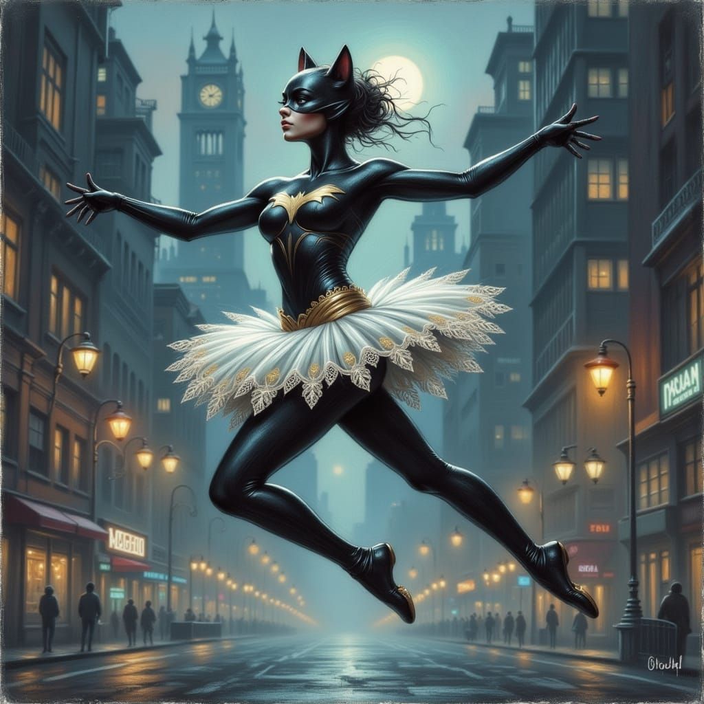 Catwoman's Athletic Ballet Pose in Twilight Cityscape