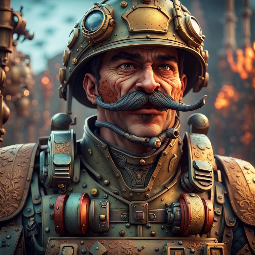 Humorous Soldier with Mustache in Detailed Sci-Fi Art