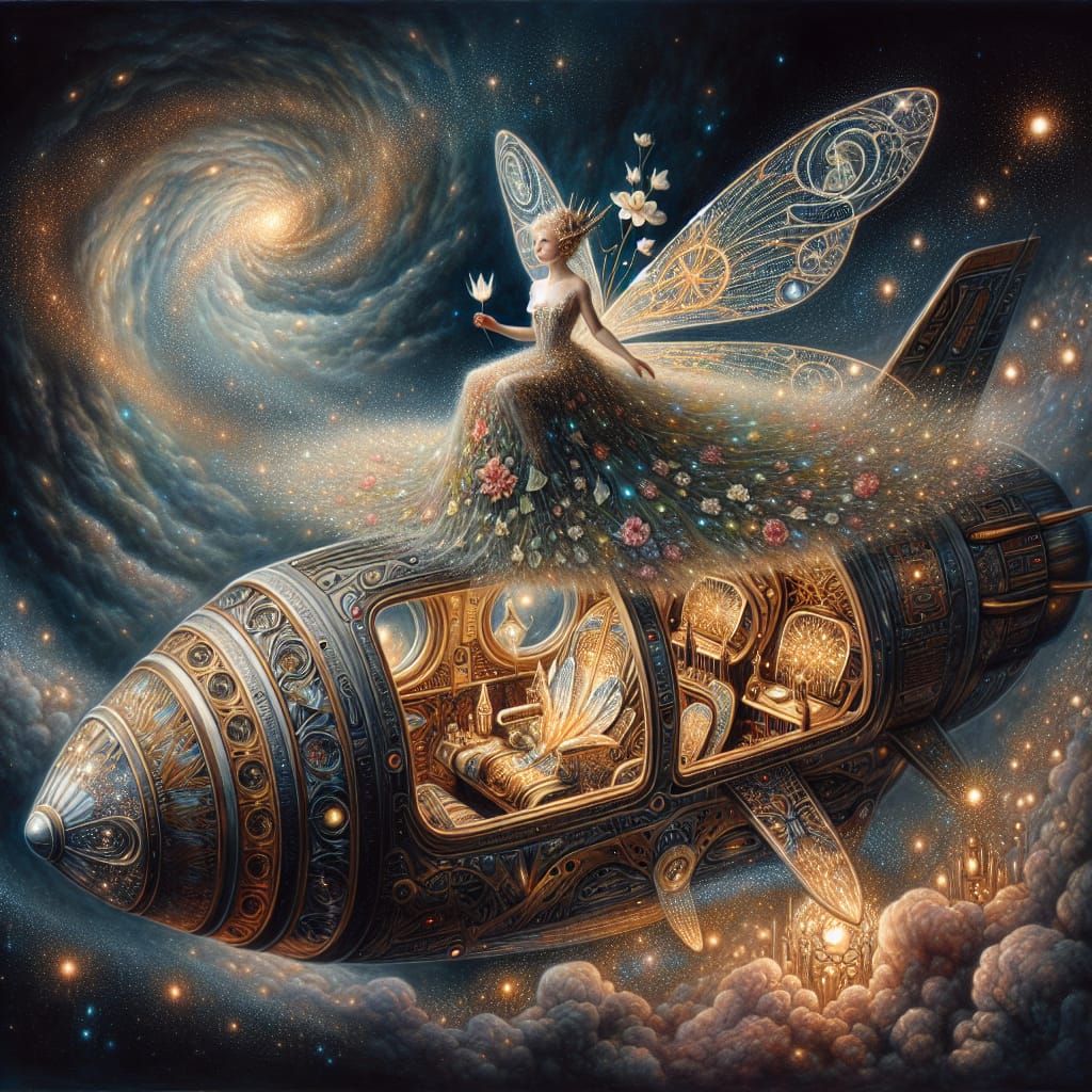 Fairy Queen Navigates Nebula in Art Nouveau Style
