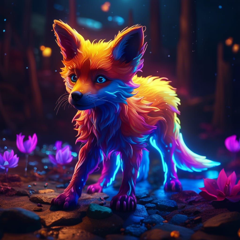Neon Fox Puppy in Detailed Matte Painting Style