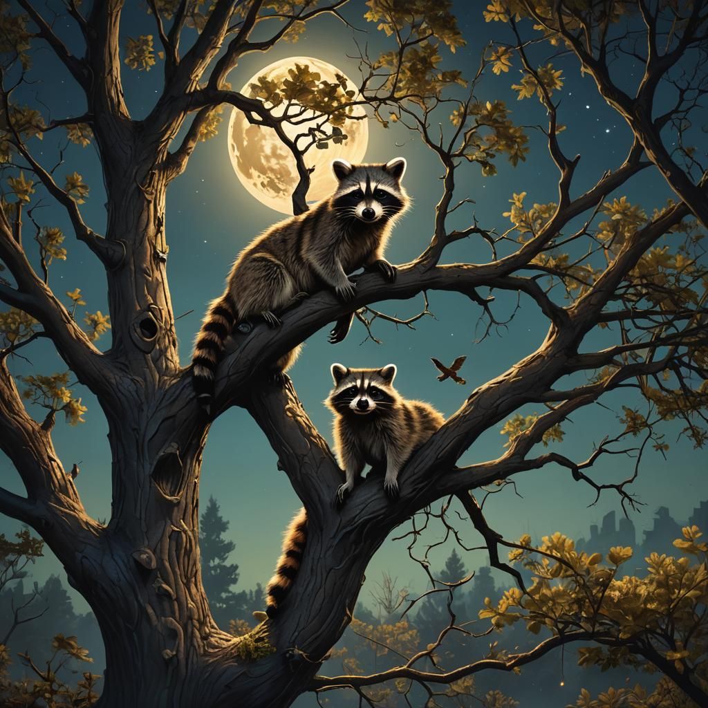 Raccoons Silhouetted by a Full Moon, Detailed Matte Painting