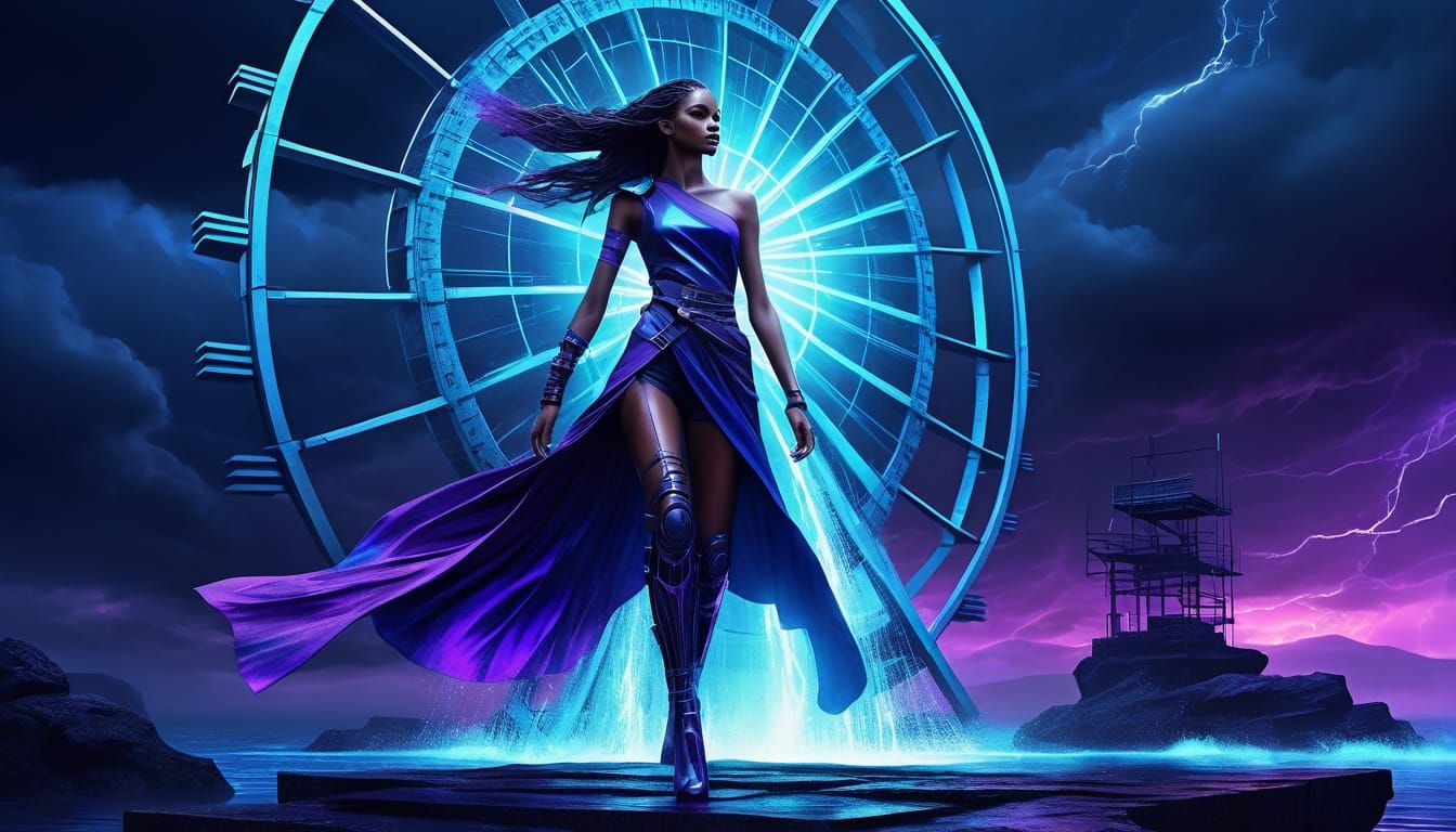 Cyberpunk Woman with Futuristic Waterwheel, Digital Art