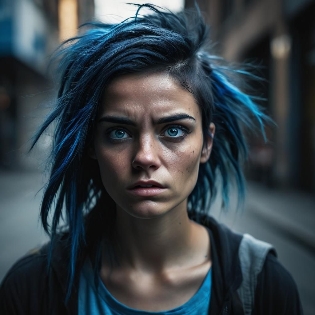 Desperate Dark-Haired Woman with Blue Streak: Moody Portrait