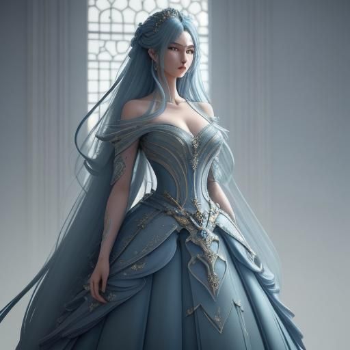 Elegant Anime Women in Blue Hues, 3D Render