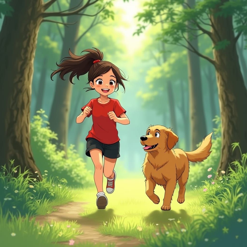 Little Girl Runs with Golden Retriever in Lush Forest Anime ...