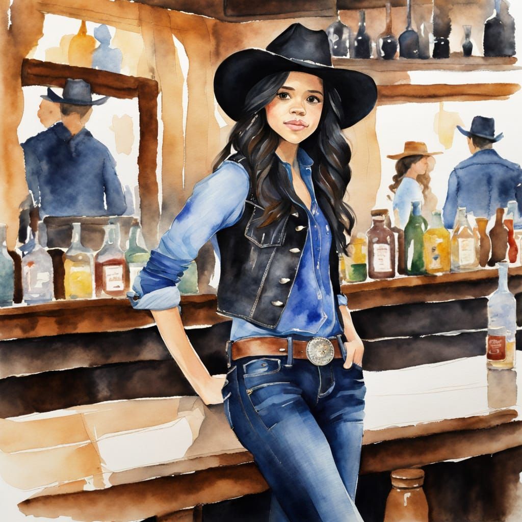Impressionistic Watercolor of Woman in Cowboy Outfit