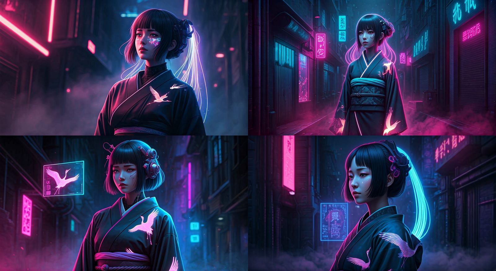 Cyberpunk Woman in Futuristic Kimono in Neon Alley