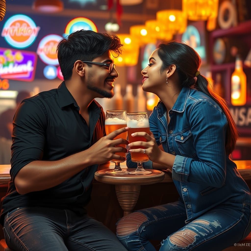 Friends Share a Kiss in Hyperrealistic Bar Scene