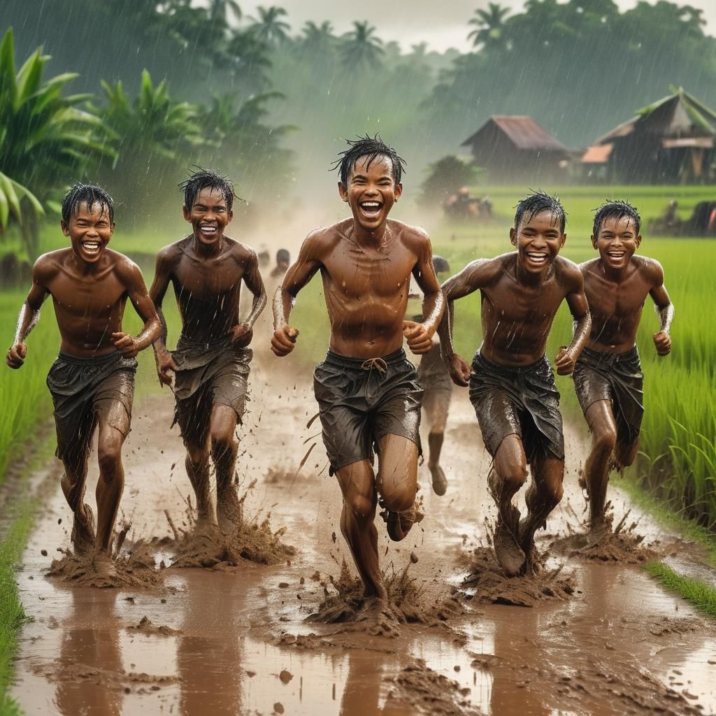 Boys Running in Rainstorm: Hyper-Realistic Digital Art