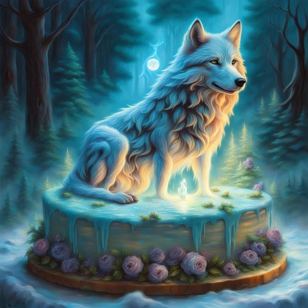 Bioluminescent Wolf Cub on Cake, Ethereal Fantasy