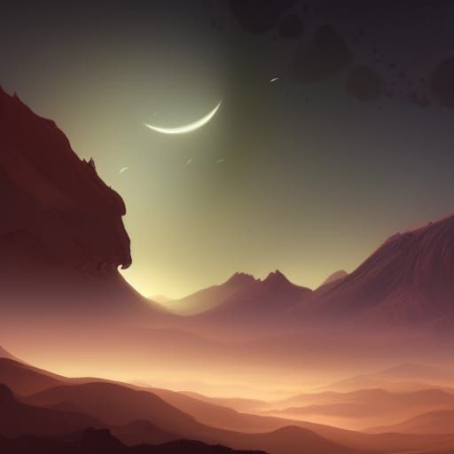 Alien Planet Crescent Moon: Dark Fantasy Art