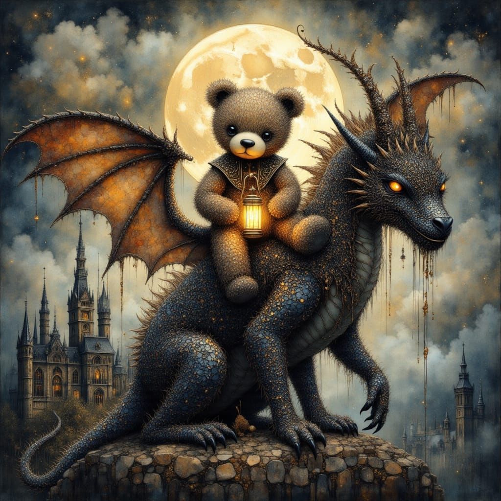 Gothic Teddy Bear on Dragon's Head Painting