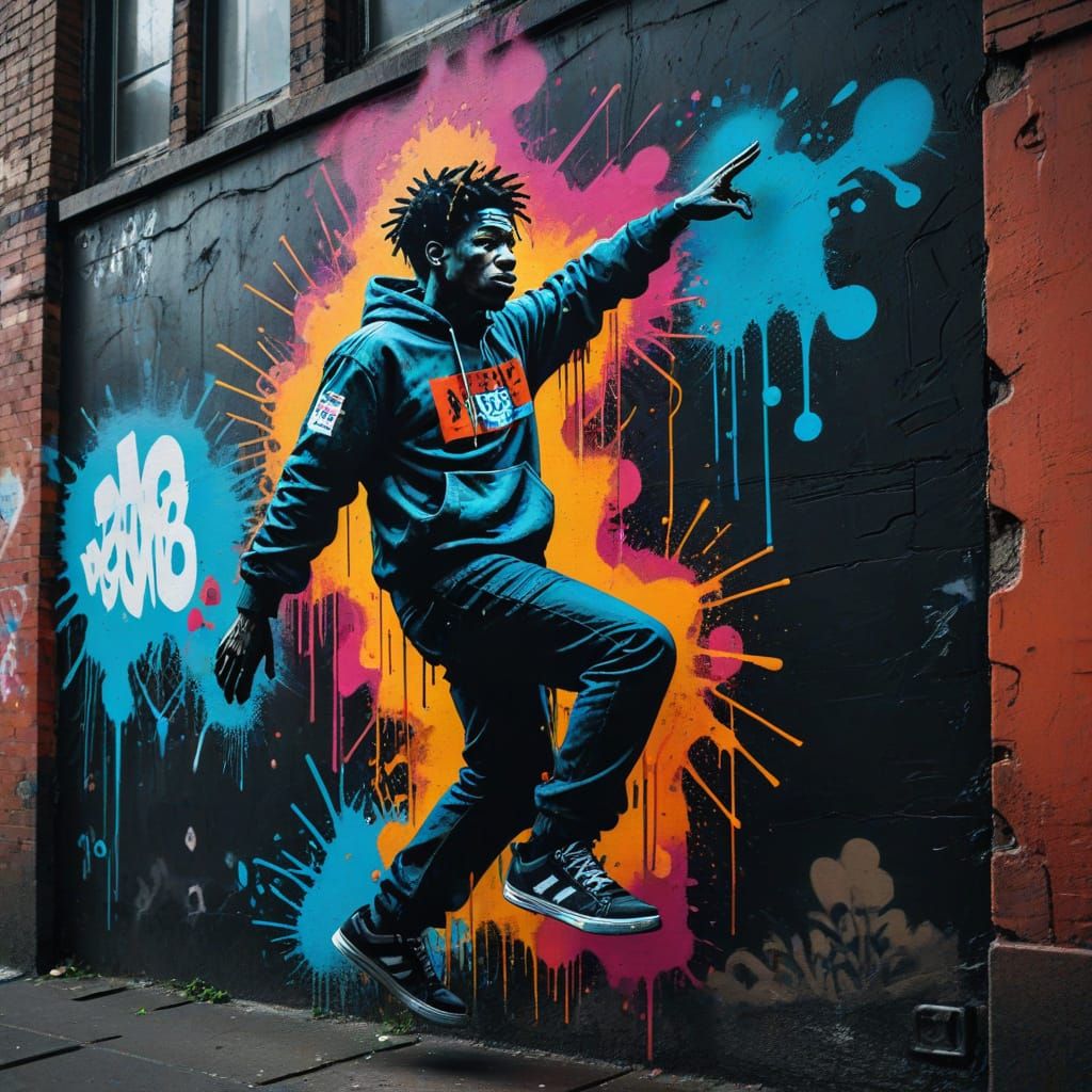 Vibrant Graffiti Character Leaps from City Wall