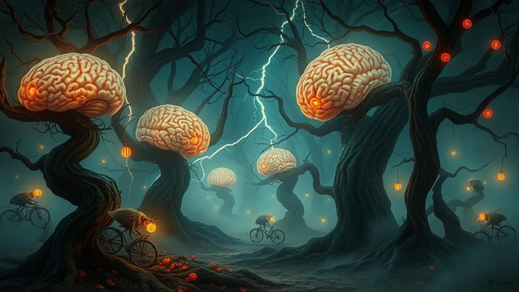 Mystical Brain Forest with Bioluminescent Insects