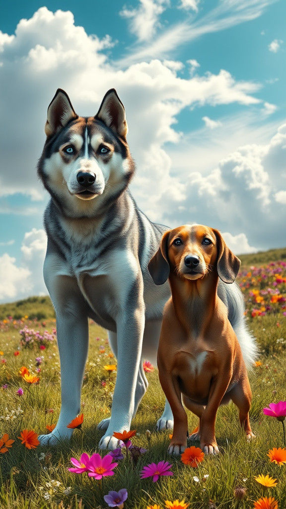 Majestic Siberian Husky and Playful Dachshund Stand Together...