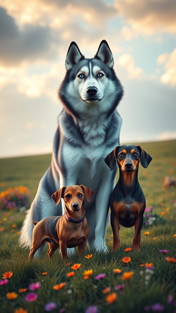 Athletic Siberian Husky and Playful Dachshund in Vibrant Gra...