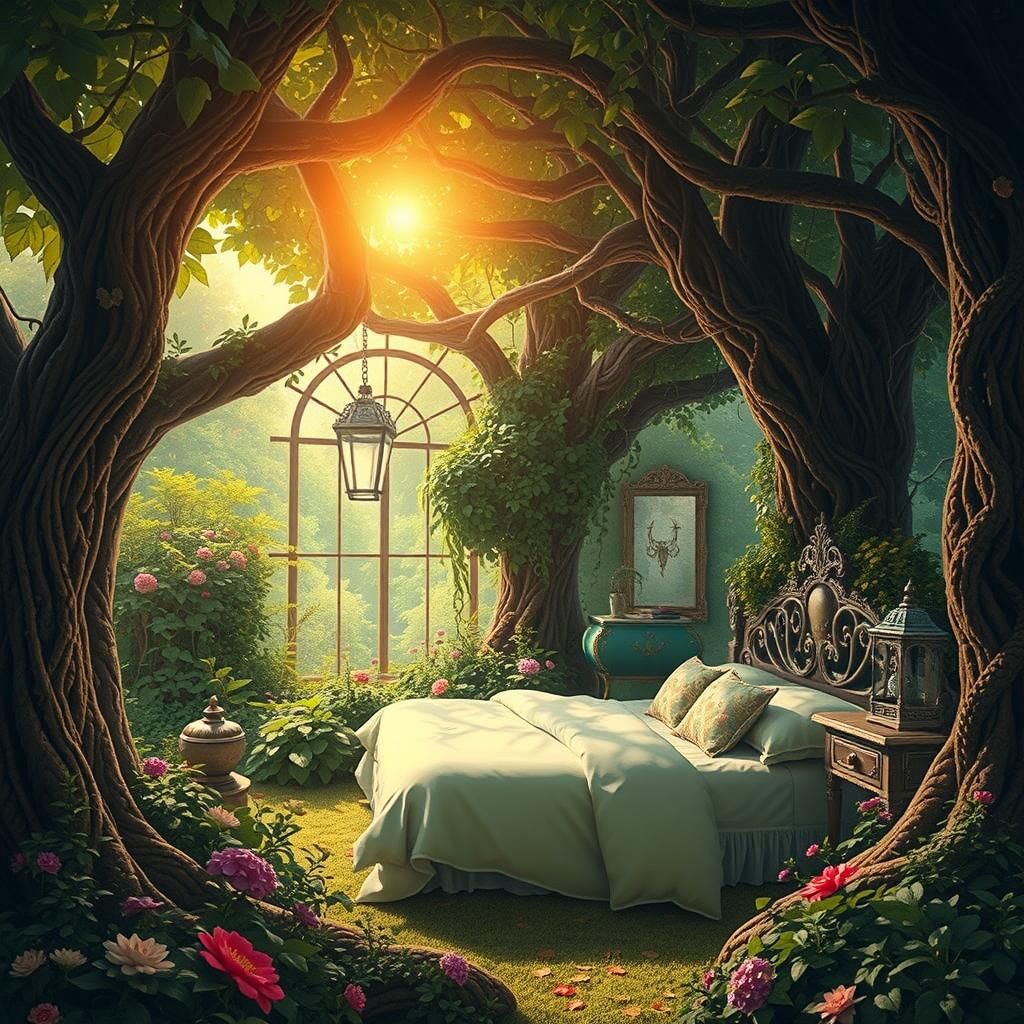 Mystical Garden Bedroom in Dreamlike Fantasy Art