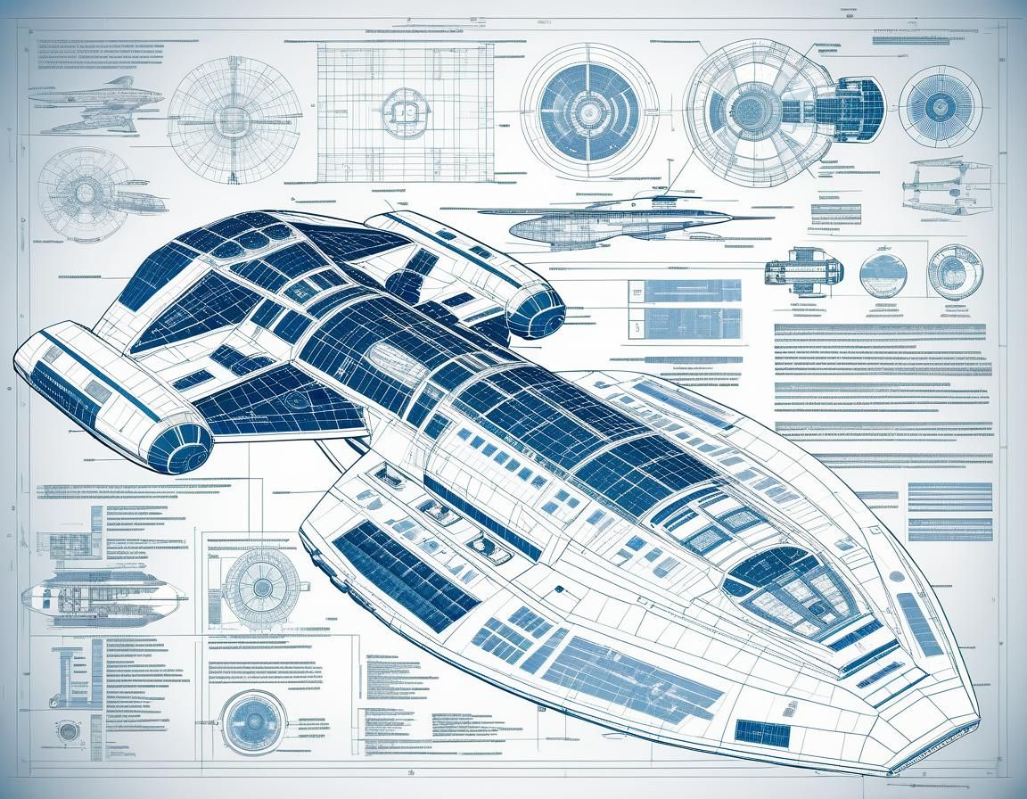 Technical schematics and blueprints of a futuristic spacecra...