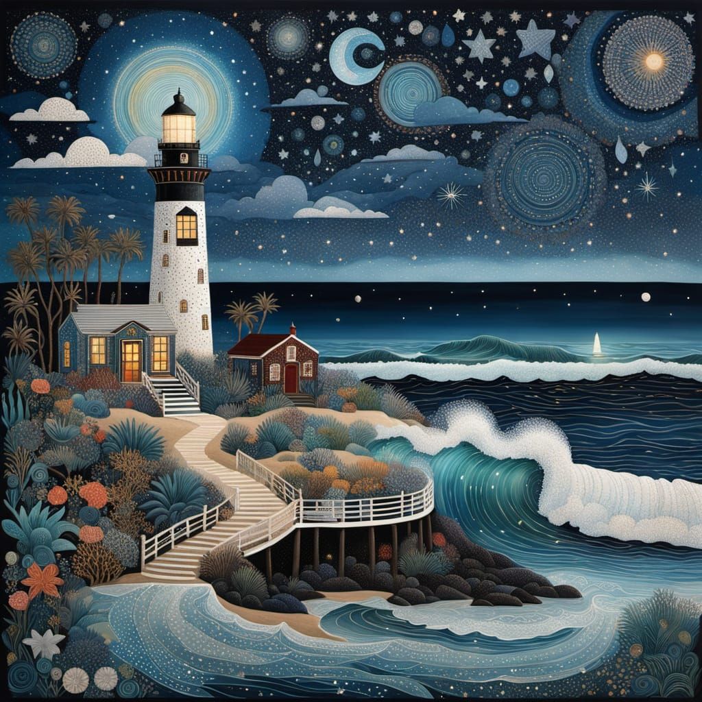 Ocean Beach Lighthouse at Night in Whimsical Style