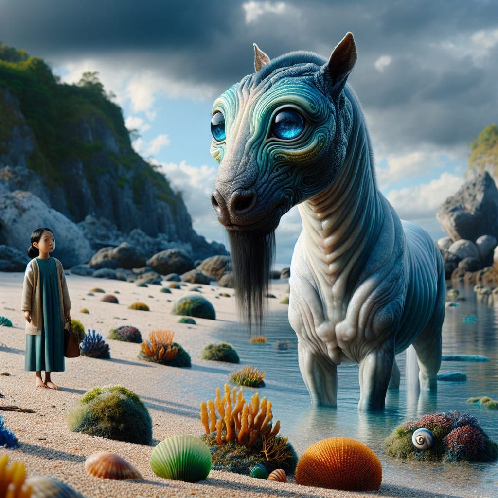 Ethereal Beach Encounter in Photorealistic Surrealism