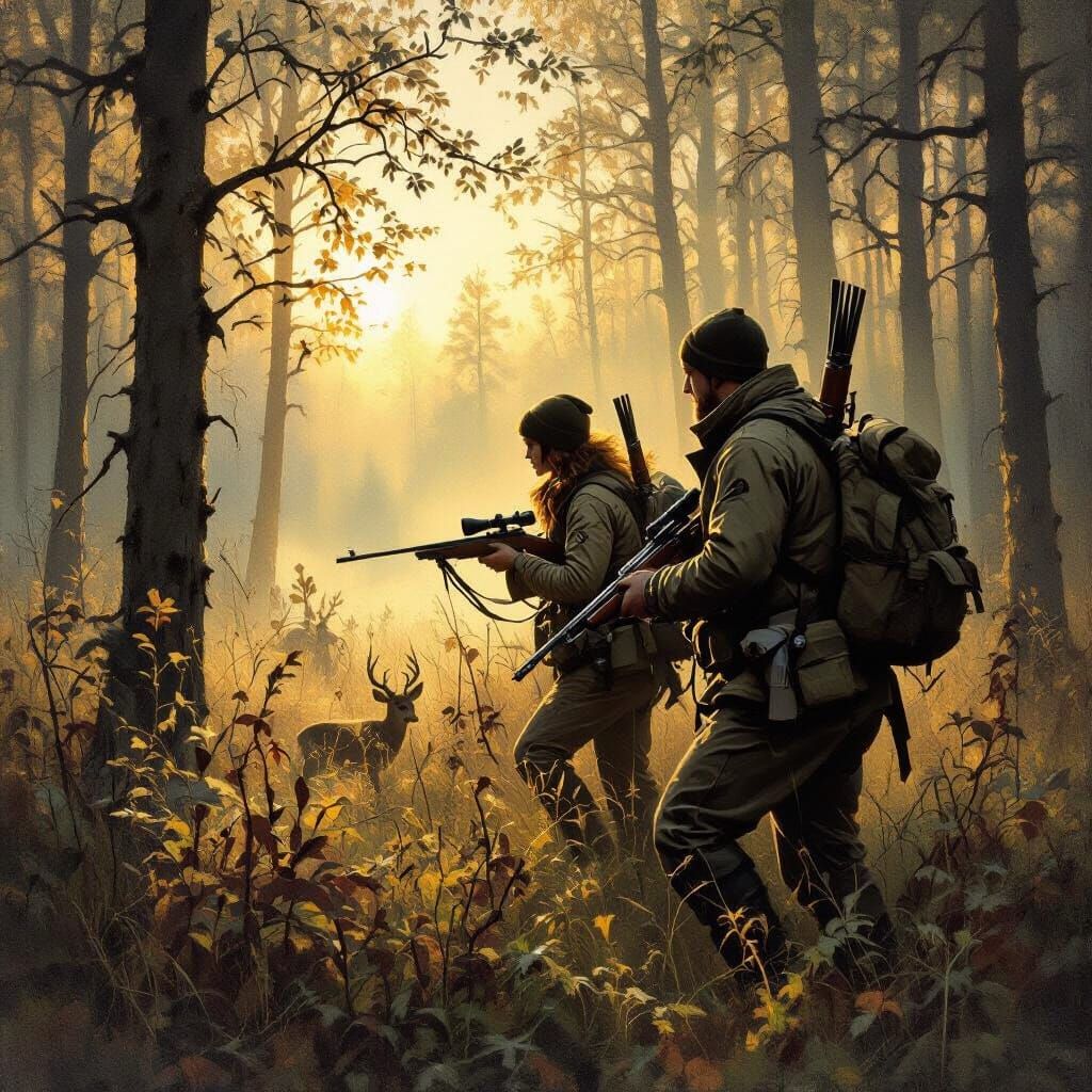 Realistic Oil Painting of Hunters in Forest at Dawn