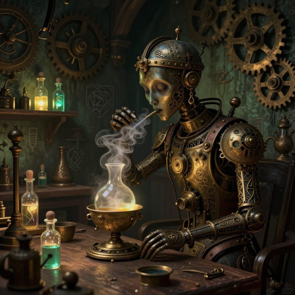 Steampunk Automaton Sips Potion in Alchemist's Workshop