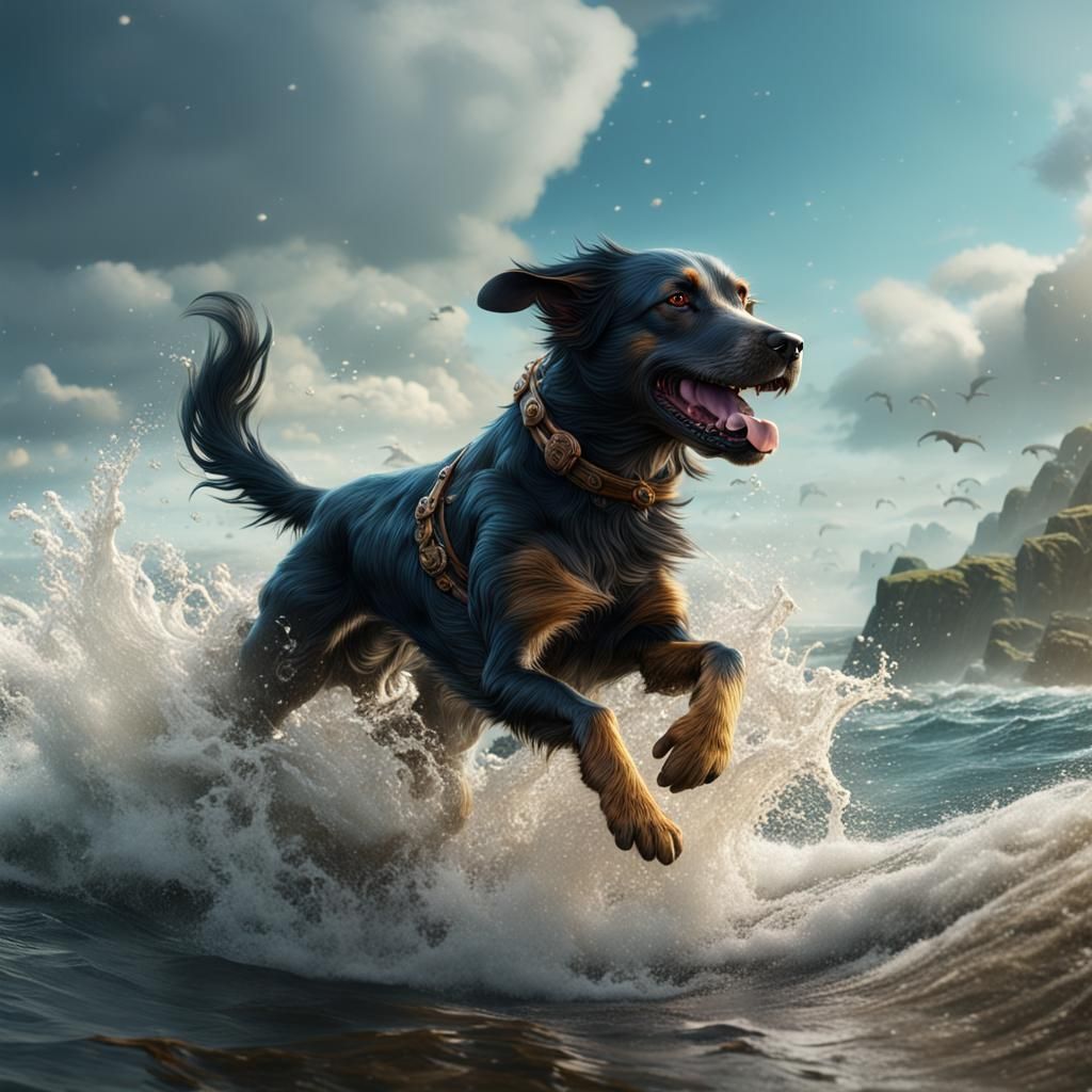 Dog Frolicking in Ocean: Fantasy Concept Art