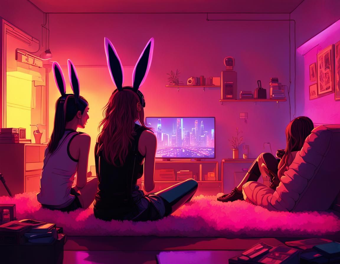 Cyberpunk Girls with Bunny Ears Watching TV