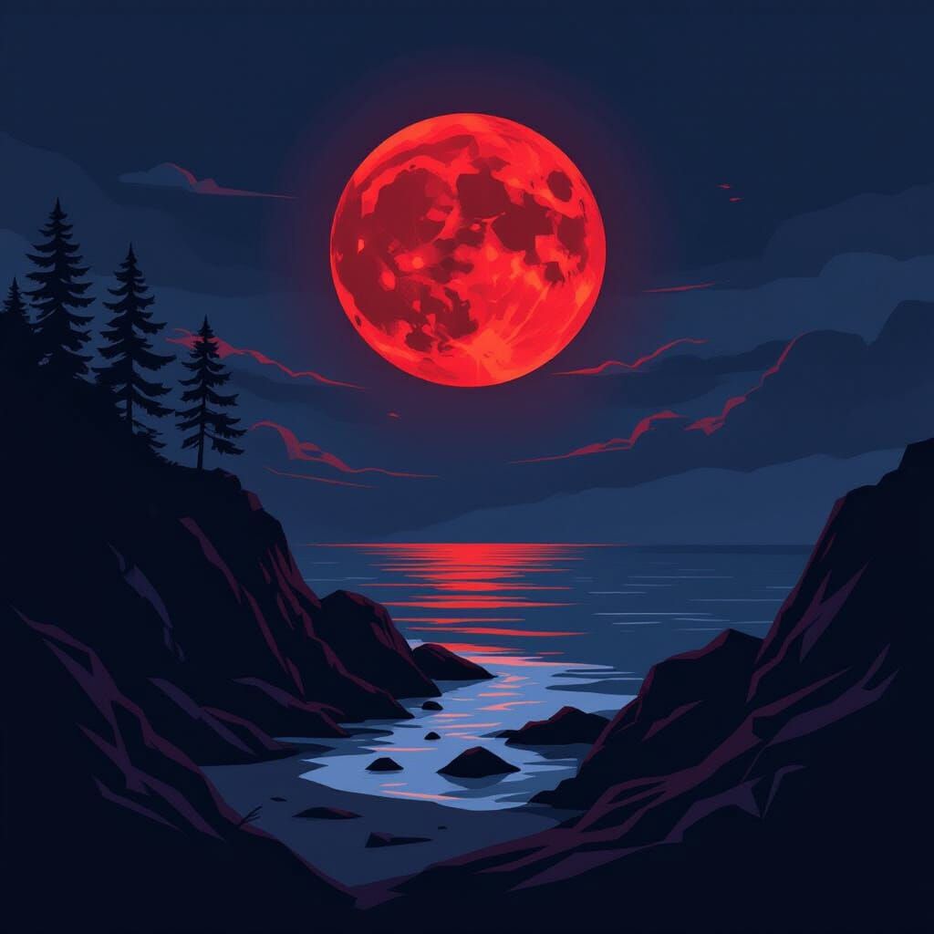 Blood Moon Over Dark Coast: Minimalist Digital Art