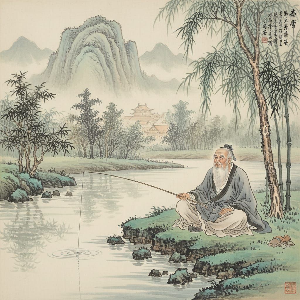 Wise Old Man Fishing by Tranquil Pond in Chinese Style