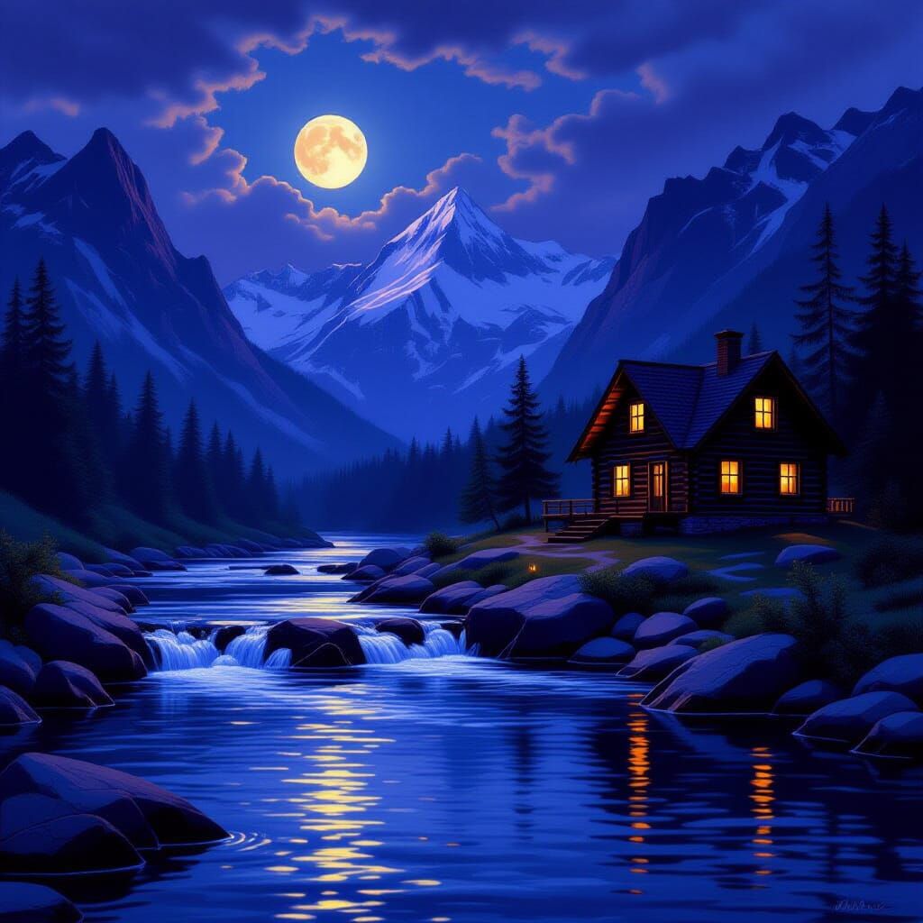 Moonlit River Landscape in Bierstadt Style