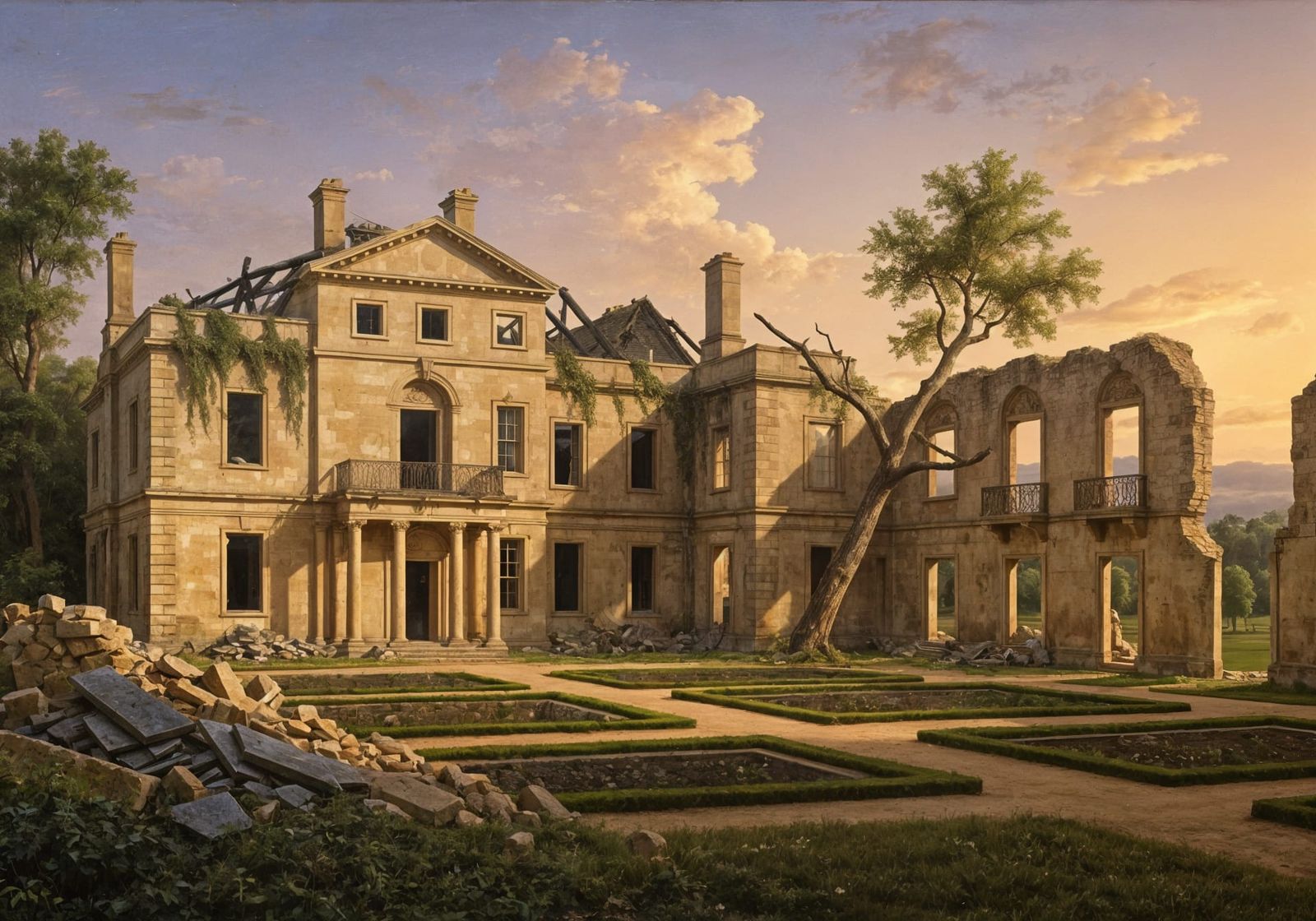 Georgian Manor Ruin Landscape Painting