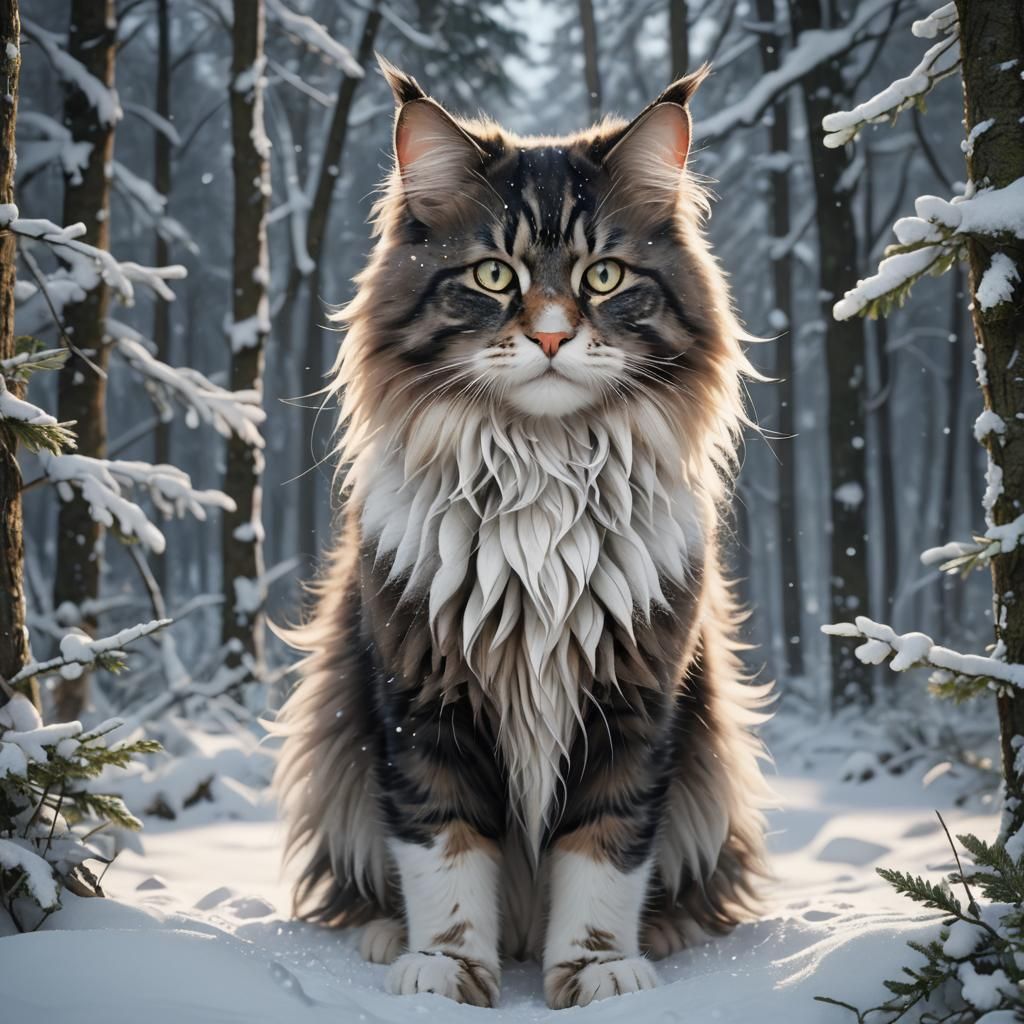 Majestic Norwegian Forest Cat in Snowy Landscape
