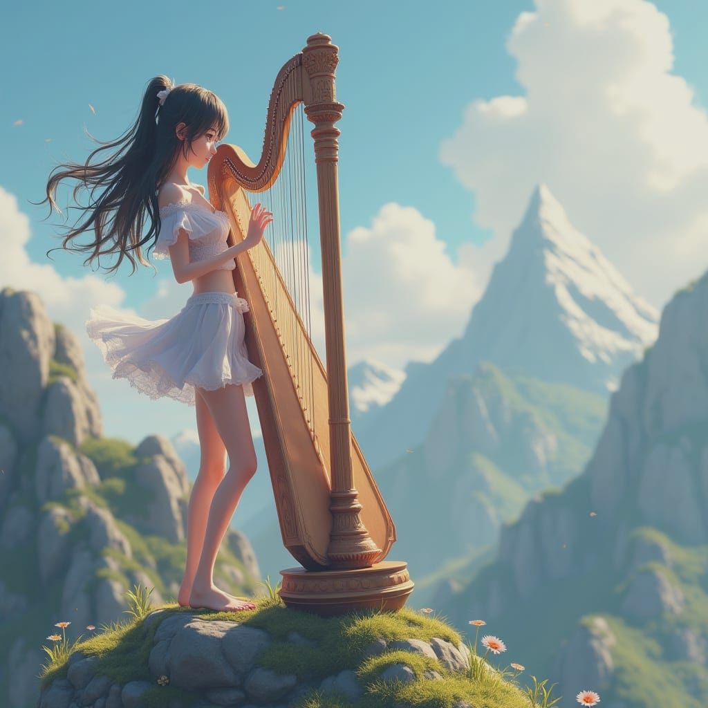 Latin Woman Plays Harp on Majestic Mountain Peak