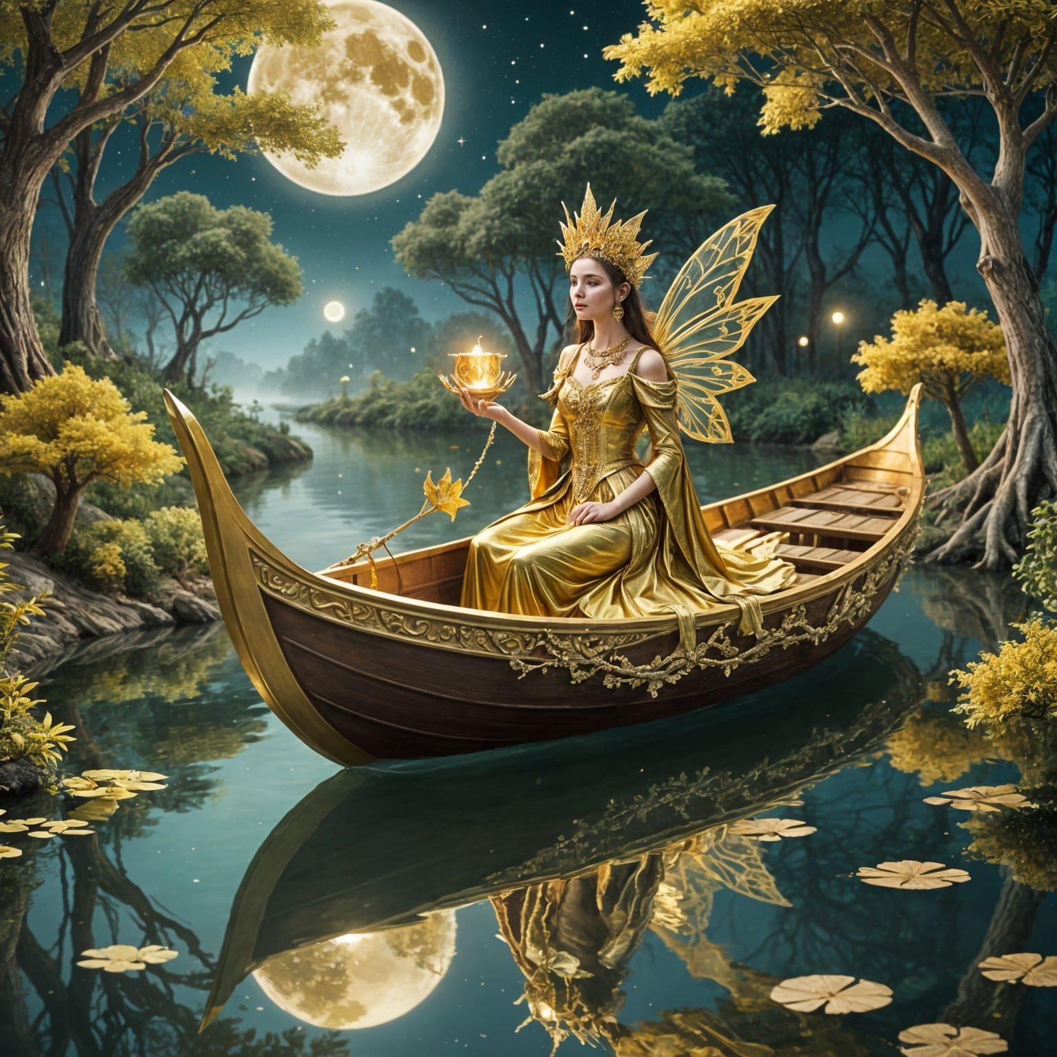 Regal Fairy Queen Rides Golden Boat Under Moonlit Trees
